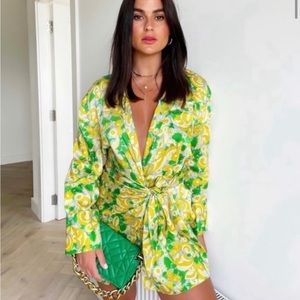 Zara Floral Print Silk Knotted Draped Short Dress | Yellow & Green